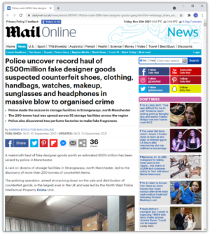 Link to an article on the Mail Online News website about the Biggest ever police operation against counterfeit goods.
